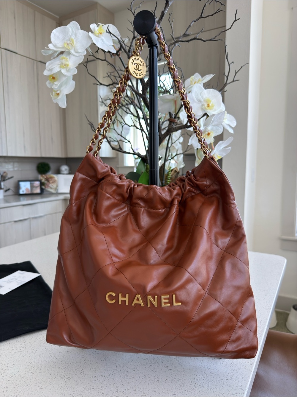 CHANEL large 22 Hobo Quilted Calfskin Bag with Gold Logo and Chain